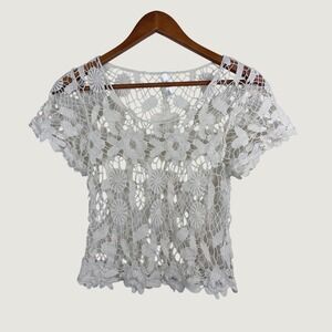 Daisies Crochet Top Womens Small Ivory Floral Knit Boho Cottagecore Short Sleeve